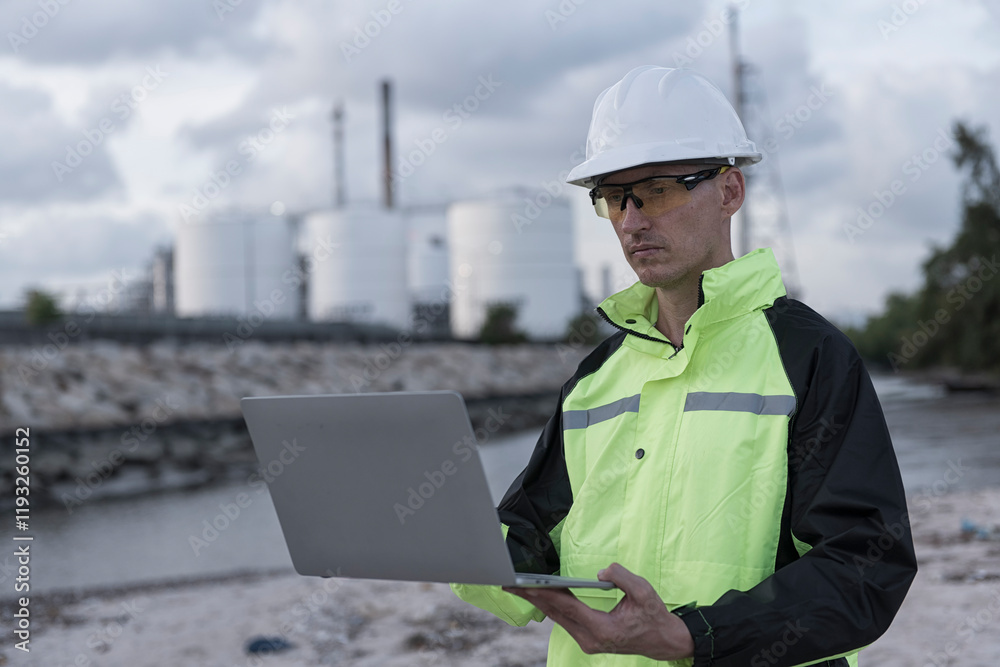 Engineers wear uniform standing near the open trunk of a vehicle hand holding computer laptop, survey inspection work plant site use tablet see detail of work with oil refinery background. Engineers wear uniform standing near the open trunk of a vehicle hand holding computer laptop, survey inspection work plant site use tablet see detail of work with oil refinery background.