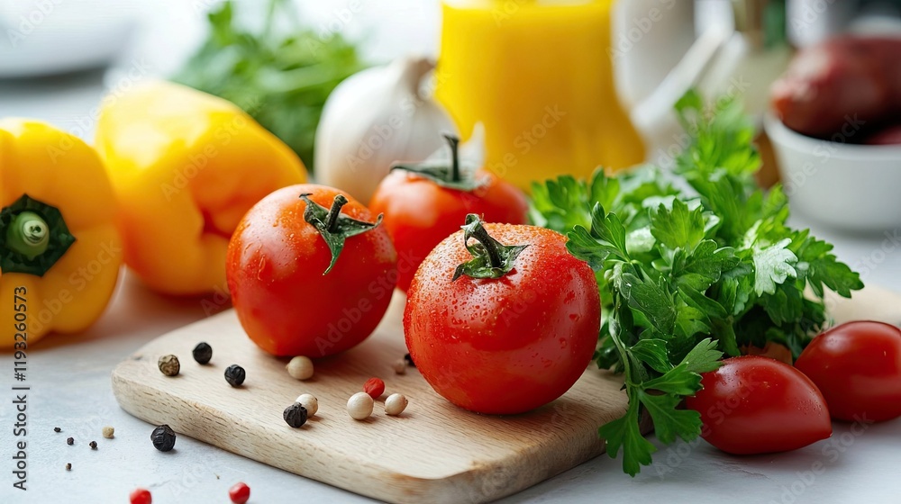 Ingredients for vegetarian dishes displayed on a white counter s 250 