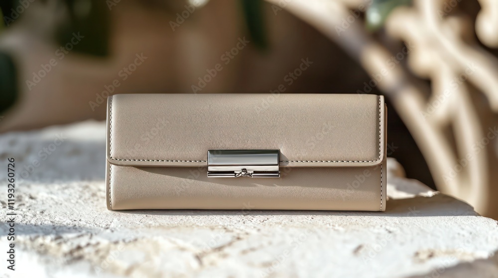 Elegant beige leather clutch with silver hardware on a white stone surface Elegant beige leather clutch with silver hardware on a white stone surface