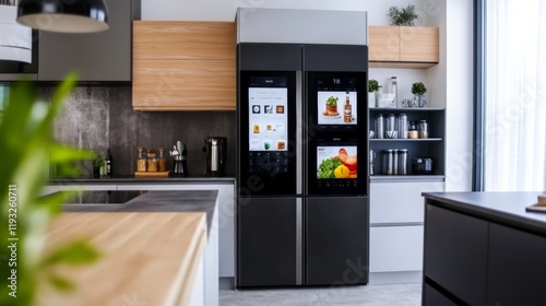 Wallpaper Mural A contemporary smart refrigerator with a touchscreen interface in a modern kitchen, representing advancements in home convenience and tech integration, Kitchen scene Torontodigital.ca