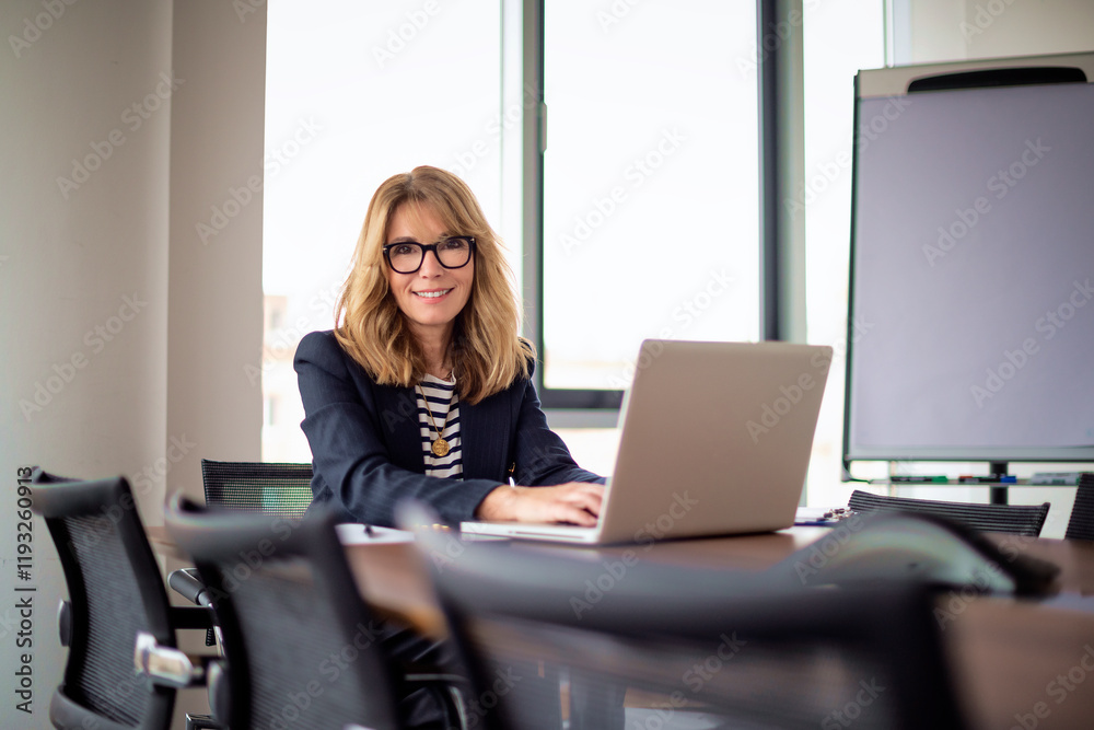 Obraz premium A middle-aged woman with blonde hair is sitting in the office working