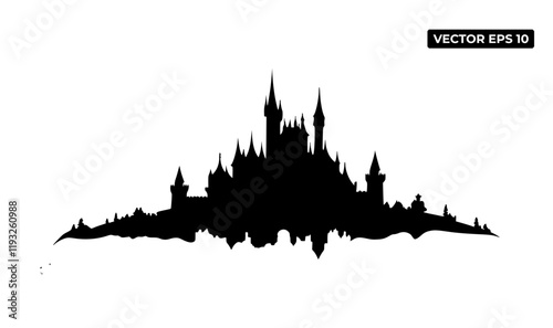 A silhouette of a castle with spires and towers, ideal for graphic design purposes.