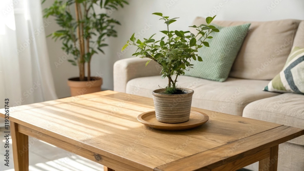 A wooden table with a small plant shadow on its surface in a cozy living room, cozy living room, small plant shadow, plush furniture, soft colors, wooden table A wooden table with a small plant shadow on its surface in a cozy living room, cozy living room, small plant shadow, plush furniture, soft colors, wooden table