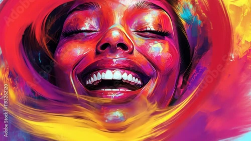 Bright and vibrant portrait of a woman joyfully embracing life with a radiant smile and colorful background