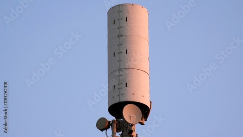 Telecommunication tower. Telecom tower antennas and satellite transmits the signals of cellular 5g 4g mobile signals to the consumers and smartphones.