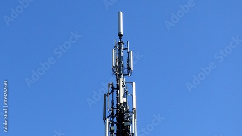 Telecommunication tower. Telecom tower antennas and satellite transmits the signals of cellular 5g 4g mobile signals to the consumers and smartphones.