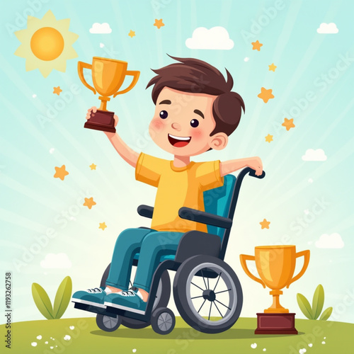 Vector illustration depicts a child in a wheelchair holding up a golden trophy cup, surrounded by additional trophies and a sunny sky with clouds.