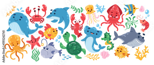 Cute cartoon sea and ocean animals, funny underwater world inhabitants colorful collection