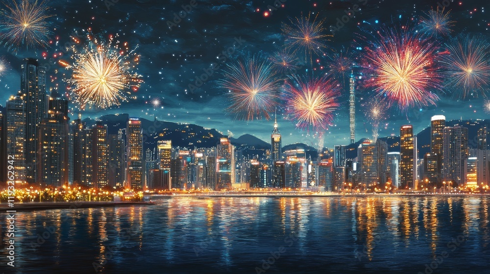 Obraz premium Vibrant Fireworks Display Over Cityscape Reflected in Water