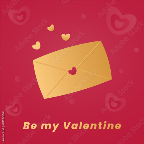 Valentine card with an image of an envelope with hearts with the inscription Be my Valentine.