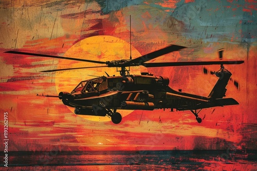 Dynamic attack helicopter in vintage style poster sunset background digital art artistic environment photo