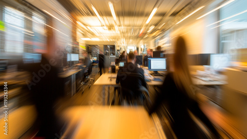 Motion blur effect in a busy modern office workspace