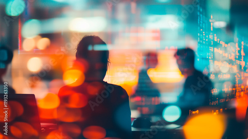 Abstract office scene with blurred silhouettes and glowing lights