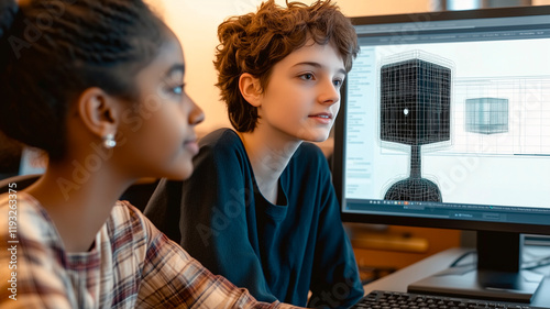Two young women working on 3D design project on a computer