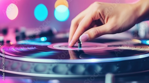 A hand adjusting a scratch turntable with colorful lights.