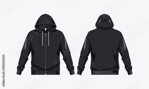 Black Sweatshirt long sleeve fashion vector illustration, hoodie sweatshirt flat technical drawing illustration mock-up template for design, easily editable.
