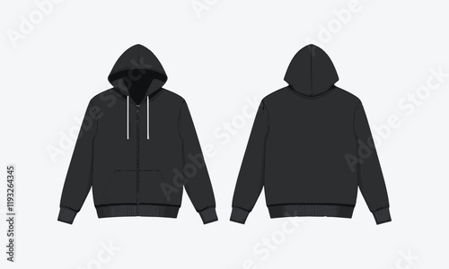 Black Sweatshirt long sleeve fashion vector illustration, hoodie sweatshirt flat technical drawing illustration mock-up template for design, easily editable.
