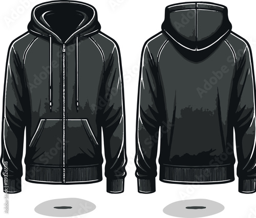 Black Sweatshirt long sleeve fashion vector illustration, hoodie sweatshirt flat technical drawing illustration mock-up template for design, easily editable.