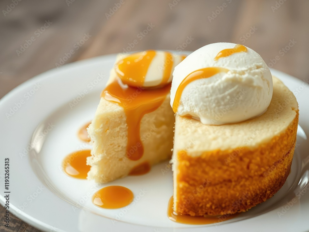 Fototapeta premium A vanilla sponge cake topped with a scoop of creamy ice cream and caramel sauce, caramel, indulgent, ice cream