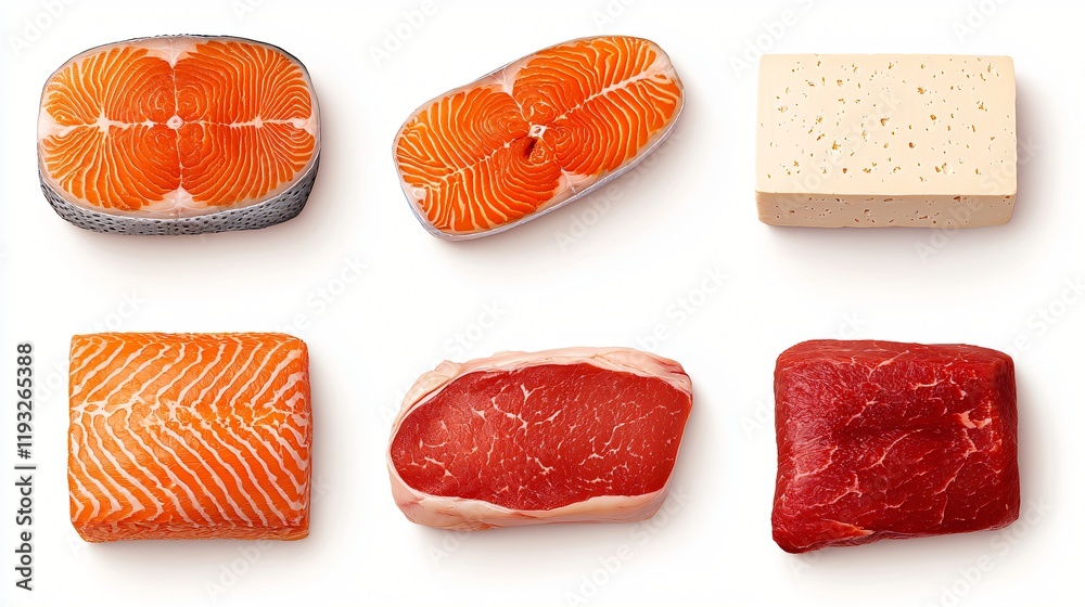 Top view of assorted raw meat and fish salmon fillets, beef steak, and cheese block. Top view of assorted raw meat and fish salmon fillets, beef steak, and cheese block.