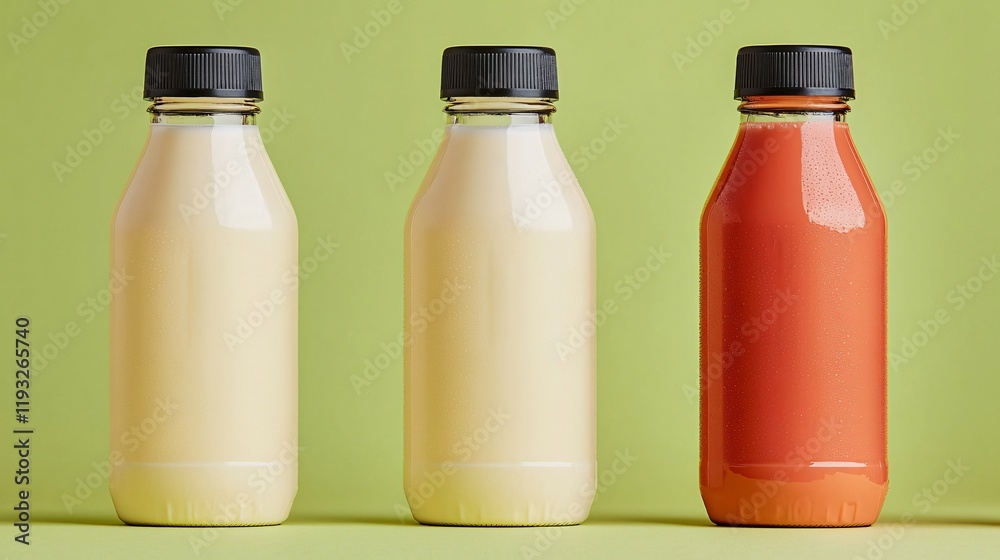 Three plastic bottles with different colored liquids, arranged in a row against a green background. Three plastic bottles with different colored liquids, arranged in a row against a green background.