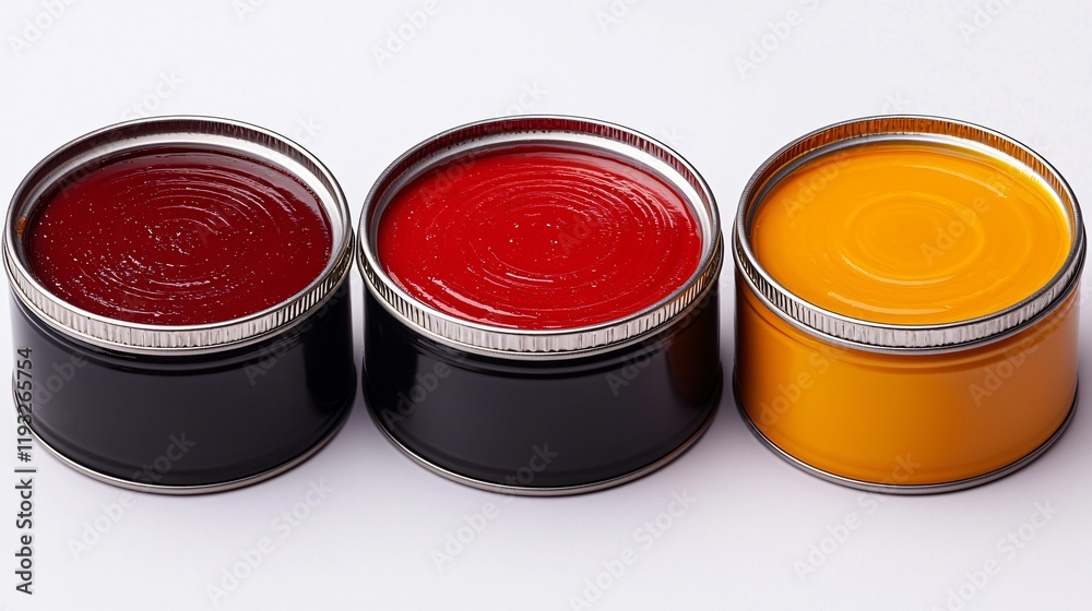 Three paint cans; maroon, red, and yellow, in a row. Three paint cans; maroon, red, and yellow, in a row.