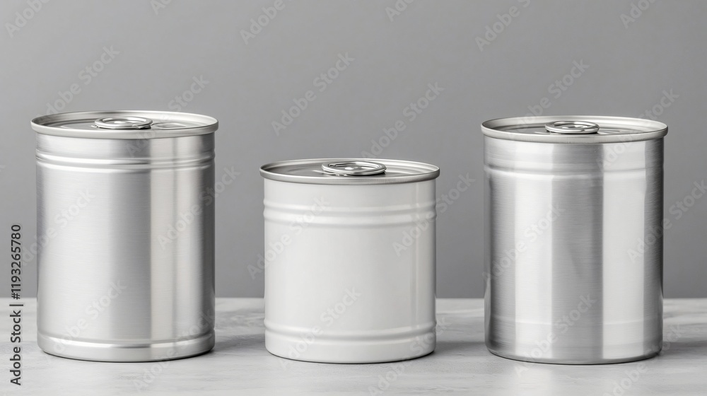 Three metal cans, varying sizes, one white, two silver, on a marble surface. Three metal cans, varying sizes, one white, two silver, on a marble surface.