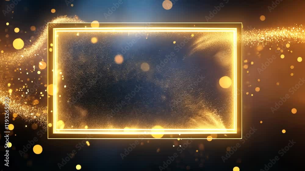 Yellow rectangular frame decorated with shining golden lights isolated dark background. Copy and paste area. 4k edition