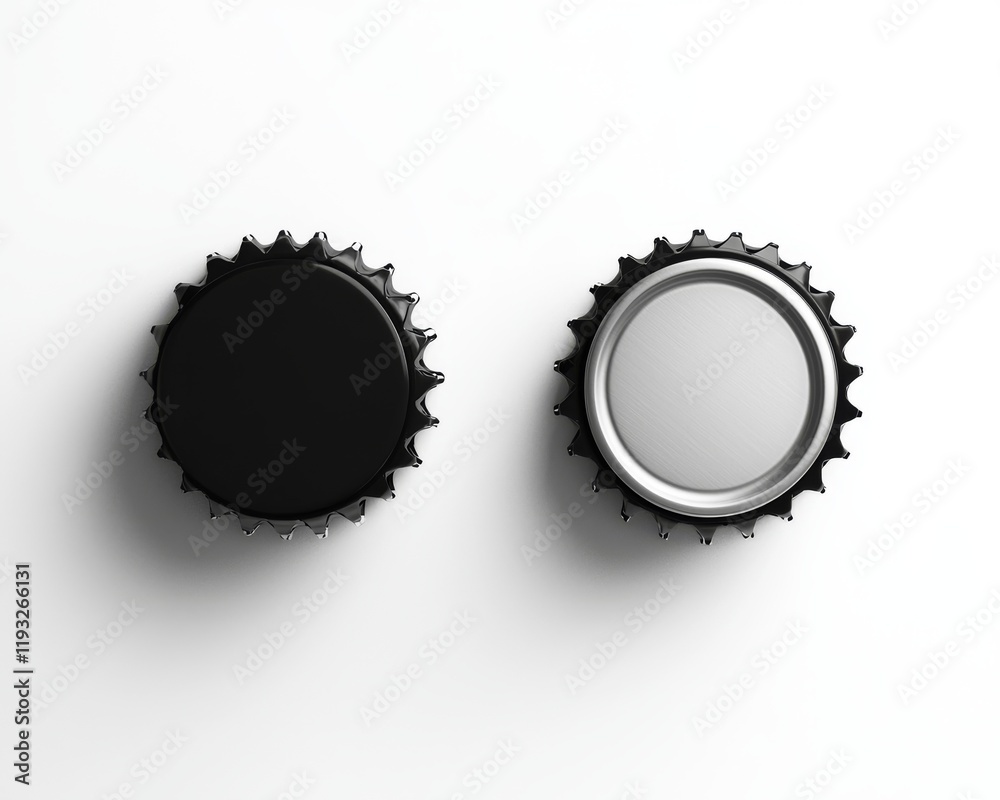 Black and silver bottle caps on white background. Black and silver bottle caps on white background.