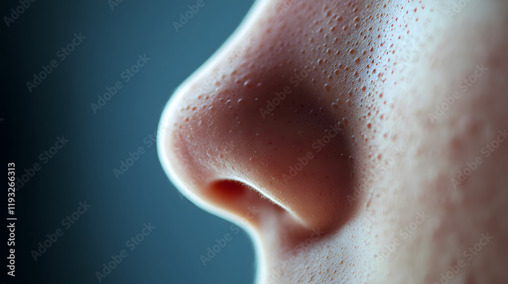 Fototapeta premium Close up of red irritated nose, emphasizing the discomfort and struggle of allergies or cold symptoms, highlighting the human vulnerability and resilience in the face of common ailments.nasal, congest