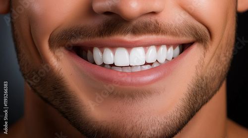 Close-up of man smiling showing white teeth and healthy gums