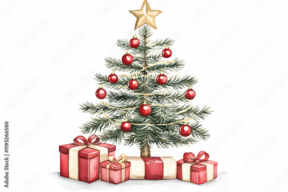 Classic Christmas Tree with Red Ornaments and Gift Boxes Decor Classic Christmas Tree with Red Ornaments and Gift Boxes Decor