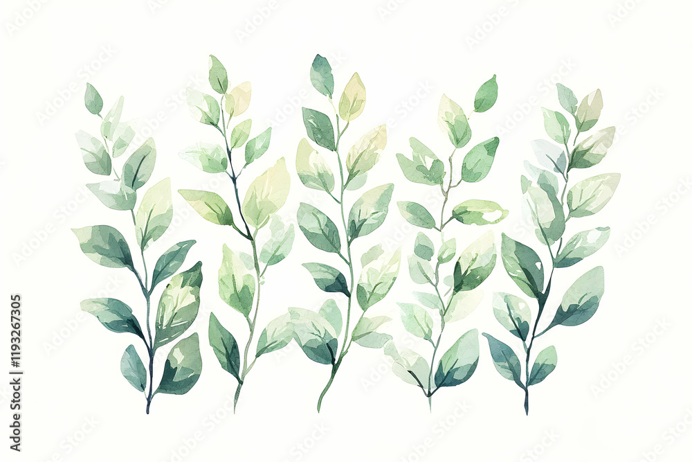 Fototapeta premium Soft Greenery Leaves Watercolor Illustration for Nature Aesthetic