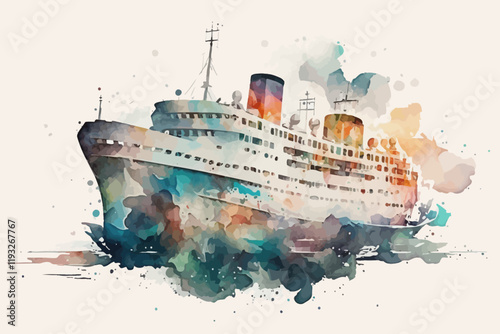 Watercolor background with boat. Sea illustration.