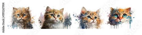 Watercolor set of cats. Collection of cat portraits.