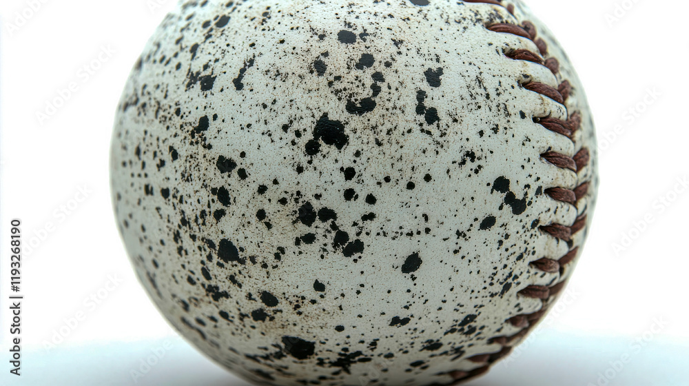 Close-up of a baseball with black spots and weathered surface, isolated on a white background, conveying uniqueness and sports themes Close-up of a baseball with black spots and weathered surface, isolated on a white background, conveying uniqueness and sports themes