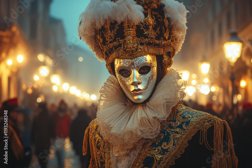 Figure in mask, adorned with embroidery and ruffles standing amidst a street photo