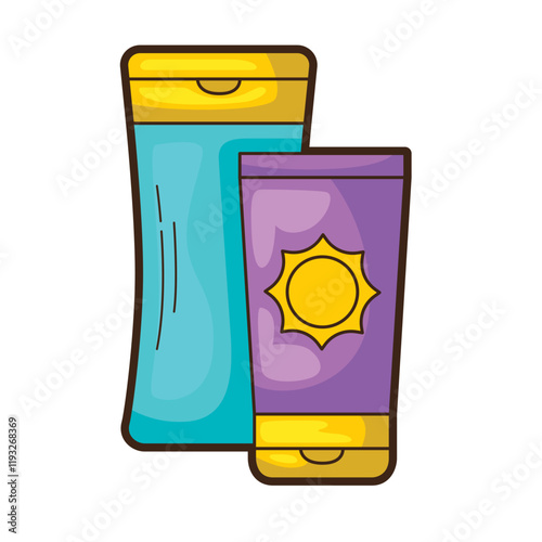 Two sunscreen bottles protecting skin from UV rays. Ideal for summer skincare, sun protection product promotion, outdoor activities, health concepts