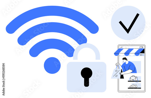 wireless signal icon, padlock representing security, smartphone screen with online shopping, checkmark for verification. Ideal for e-commerce, security, trusted networks, mobile devices, digital