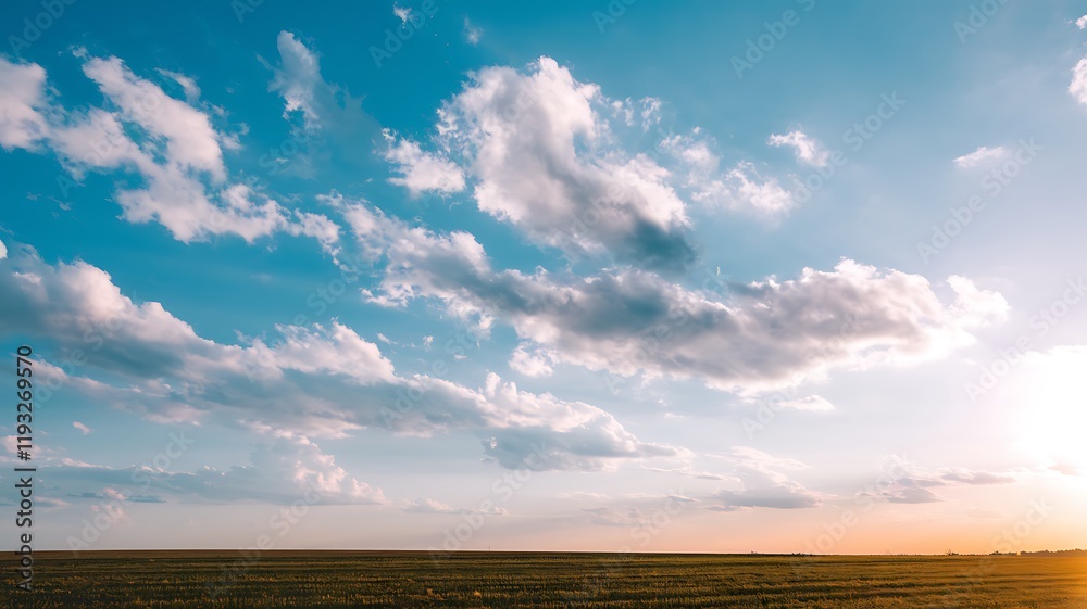 Vast open field beneath a bright blue sky, with soft white clouds scattered across the horizon. The golden glow of sunlight enhances the peaceful landscape Vast open field beneath a bright blue sky, with soft white clouds scattered across the horizon. The golden glow of sunlight enhances the peaceful landscape