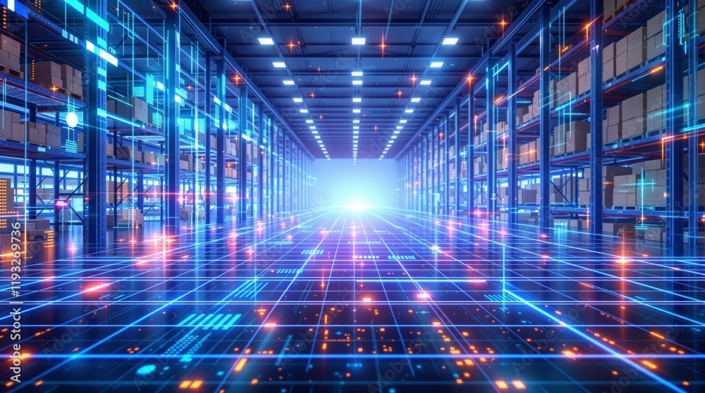 Futuristic warehouse with glowing digital network overlay. High-tech logistics and supply chain concept. Futuristic warehouse with glowing digital network overlay. High-tech logistics and supply chain concept.