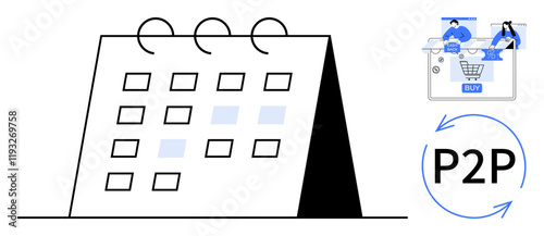 Desk calendar with highlighted dates, e-commerce icons depicting online shopping cart, digital transactions, and P2P symbol. Ideal for business planning, scheduling, e-commerce, digital payments