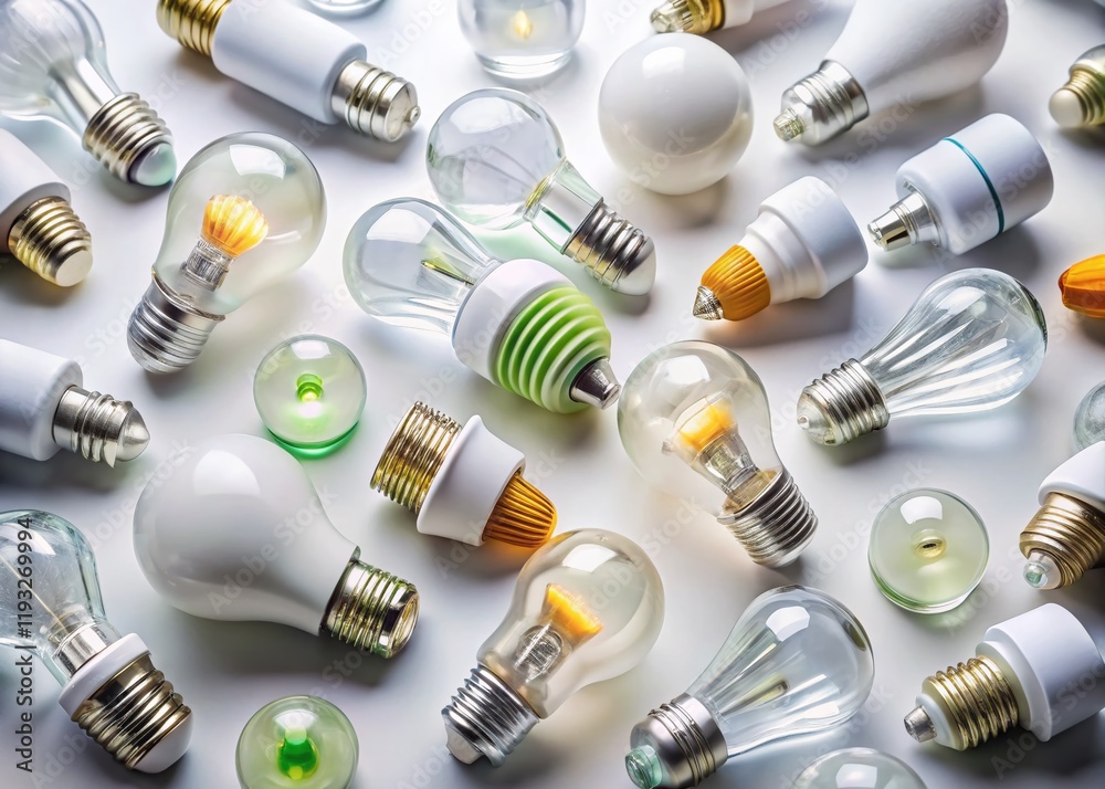 Aerial View of Assorted LED Bulbs on White Table - Energy Efficient Lighting Stock Photo Aerial View of Assorted LED Bulbs on White Table - Energy Efficient Lighting Stock Photo