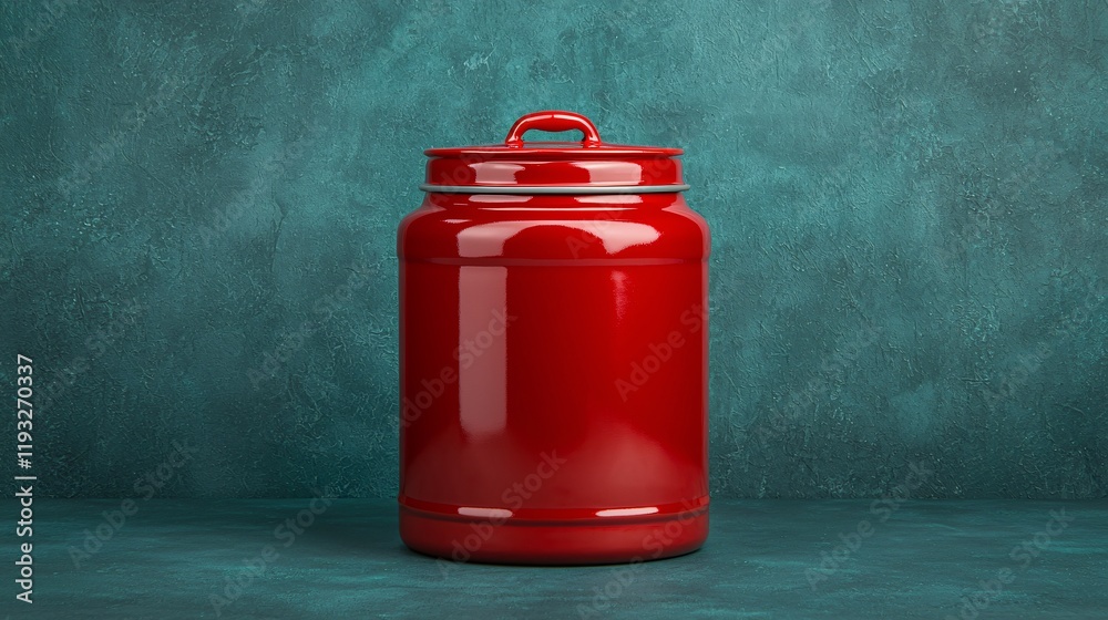 Red canister with lid against teal background. Red canister with lid against teal background.
