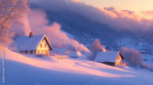 Snowy village at sunset, cozy cottages, tranquil winter landscape, serene atmosphere, evening glow, peaceful retreat. photo