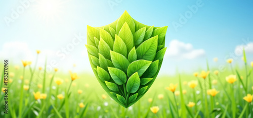 a shield of green leaves on the background of a blooming field with a blue sky