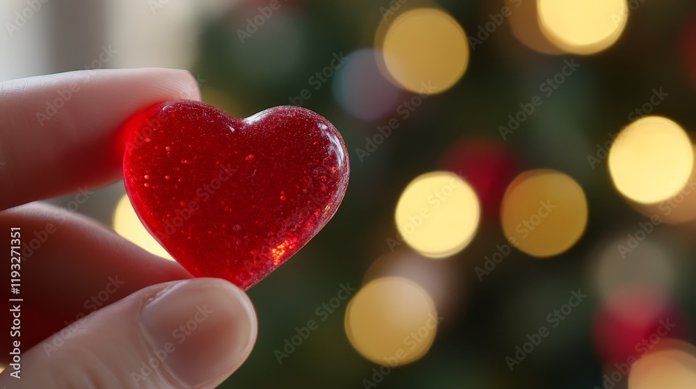 Bright Red Heart Shaped Candy with Blurred Festive Background Bright Red Heart Shaped Candy with Blurred Festive Background