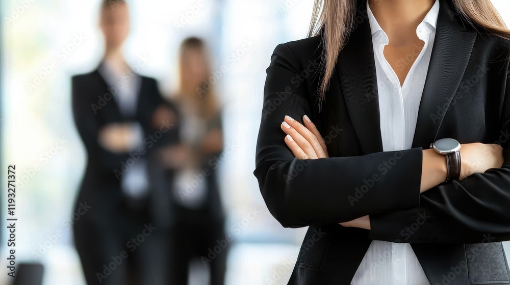Confident businesswoman stands with arms crossed in a modern office, embodying professionalism and determination. Confident businesswoman stands with arms crossed in a modern office, embodying professionalism and determination.