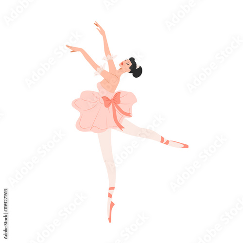 Cartoon character of ballerina in dance pose. Girl dancing classical choreography in pointe shoes