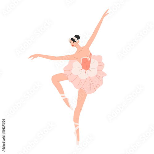 Cartoon character of ballerina in dance pose. Girl dancing classical choreography in pointe shoes